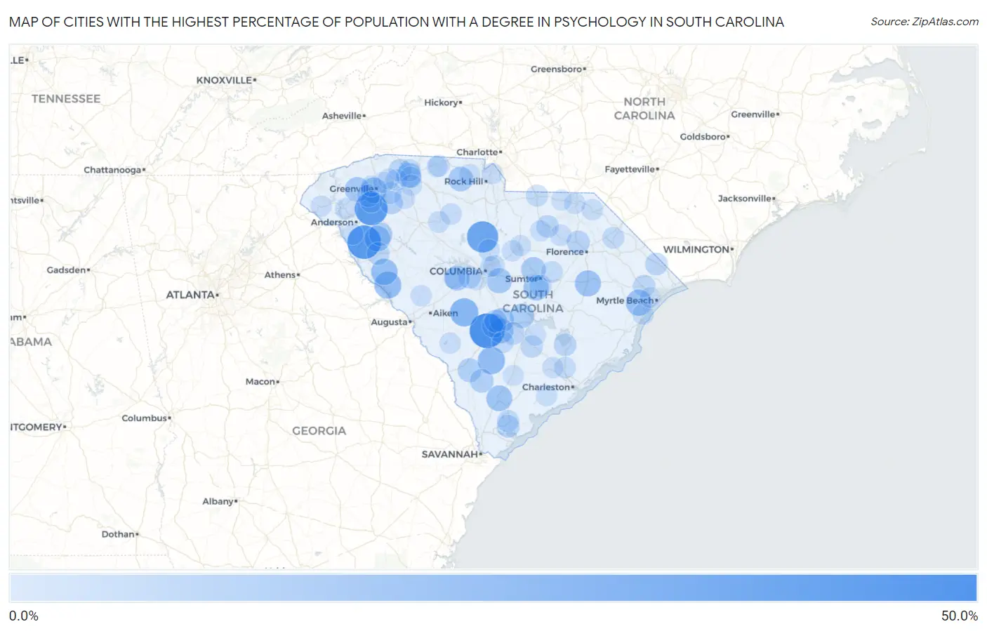 Cities with the Highest Percentage of Population with a Degree in Psychology in South Carolina Map