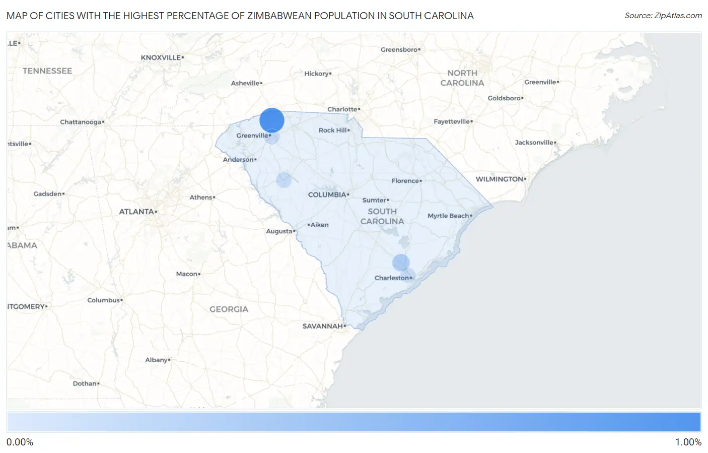 Cities with the Highest Percentage of Zimbabwean Population in South Carolina Map