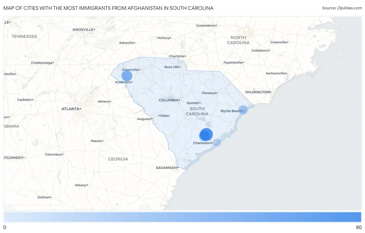 Cities with the Most Immigrants from Afghanistan in South Carolina Map