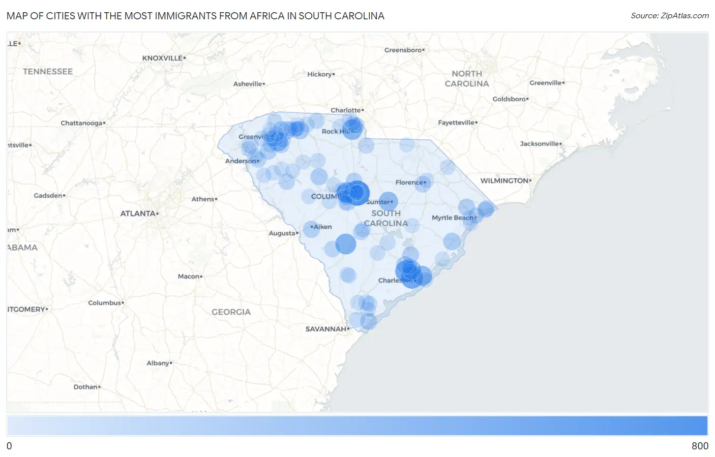 Cities with the Most Immigrants from Africa in South Carolina Map