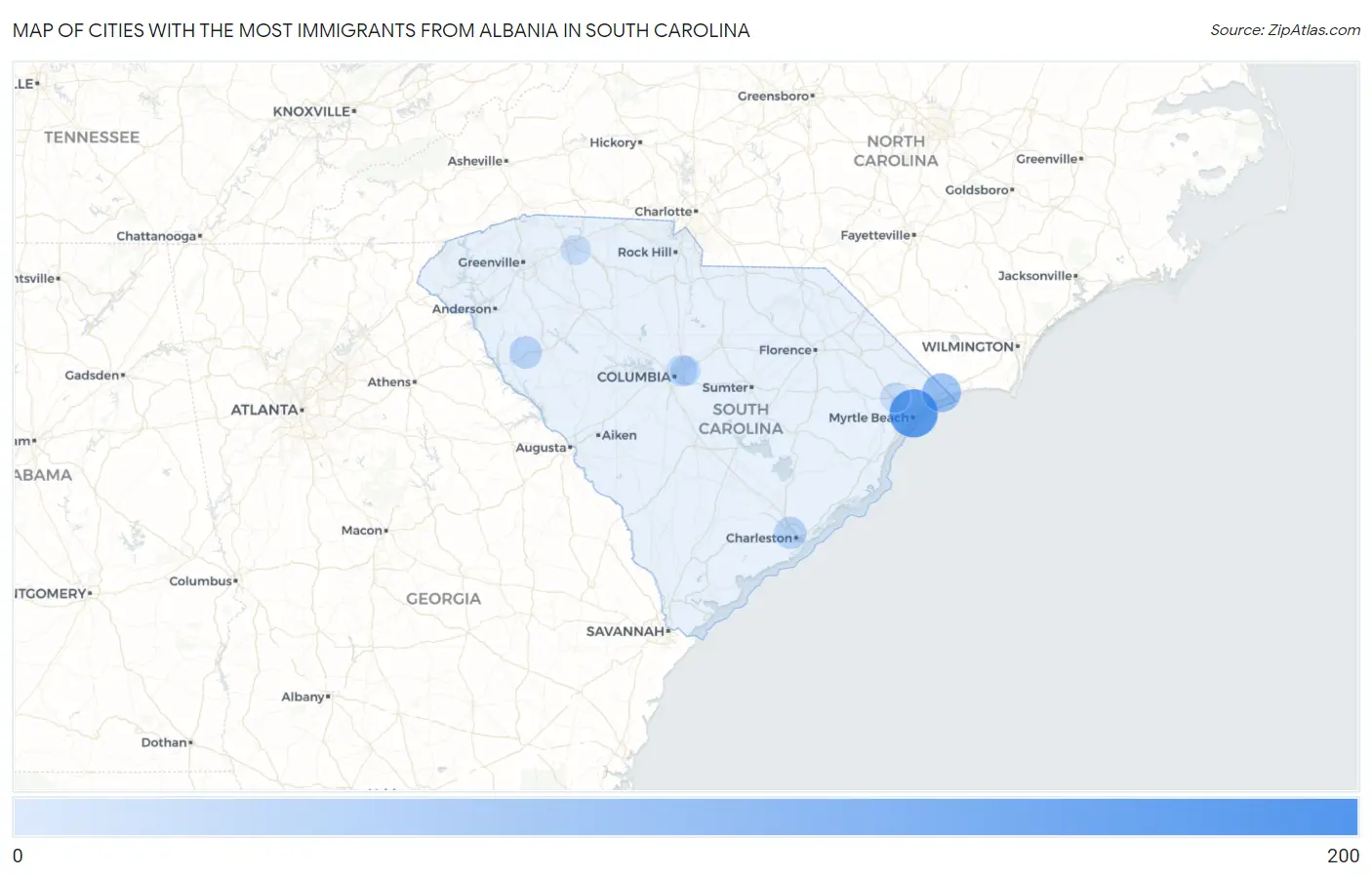 Cities with the Most Immigrants from Albania in South Carolina Map