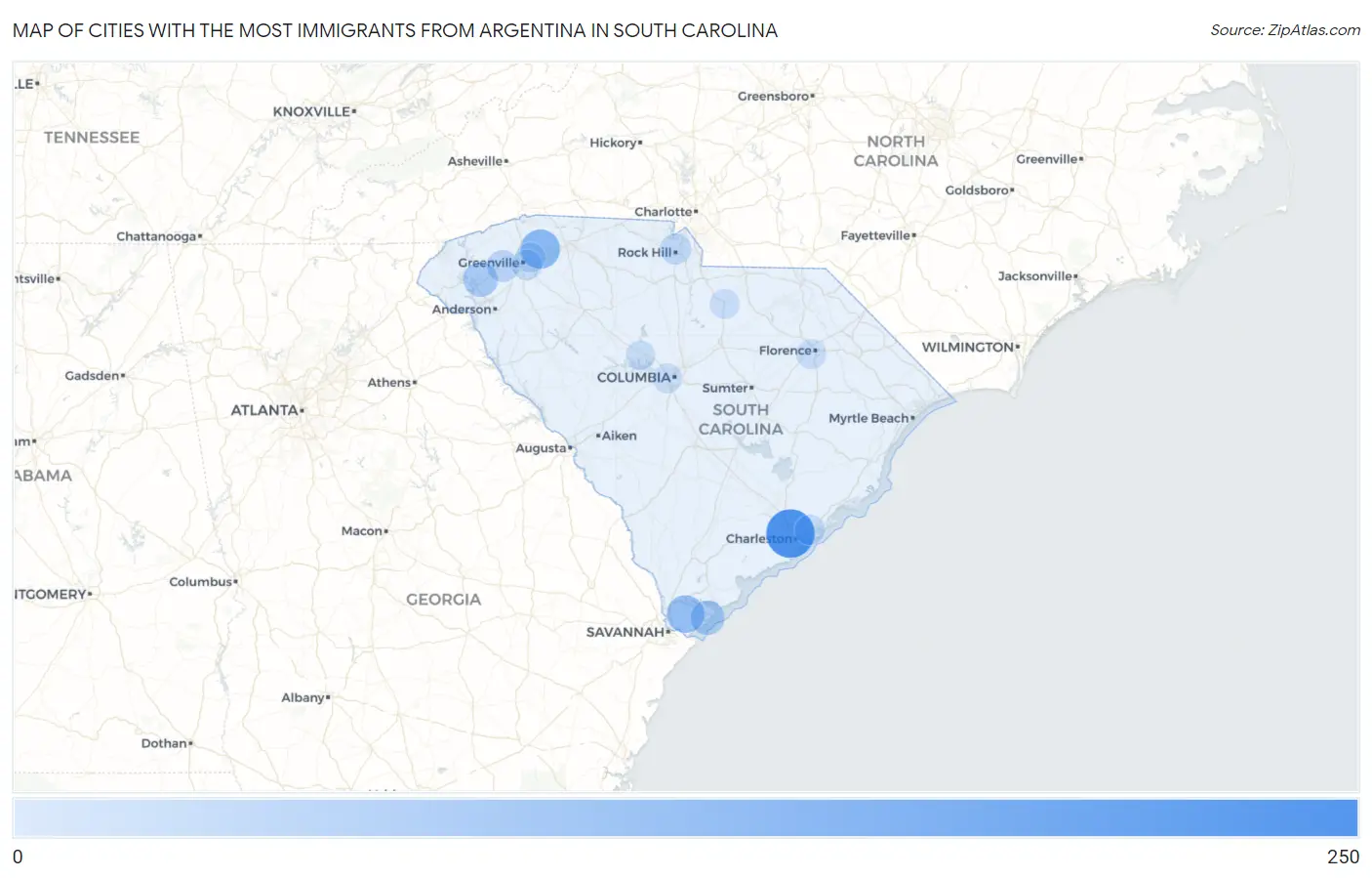 Cities with the Most Immigrants from Argentina in South Carolina Map
