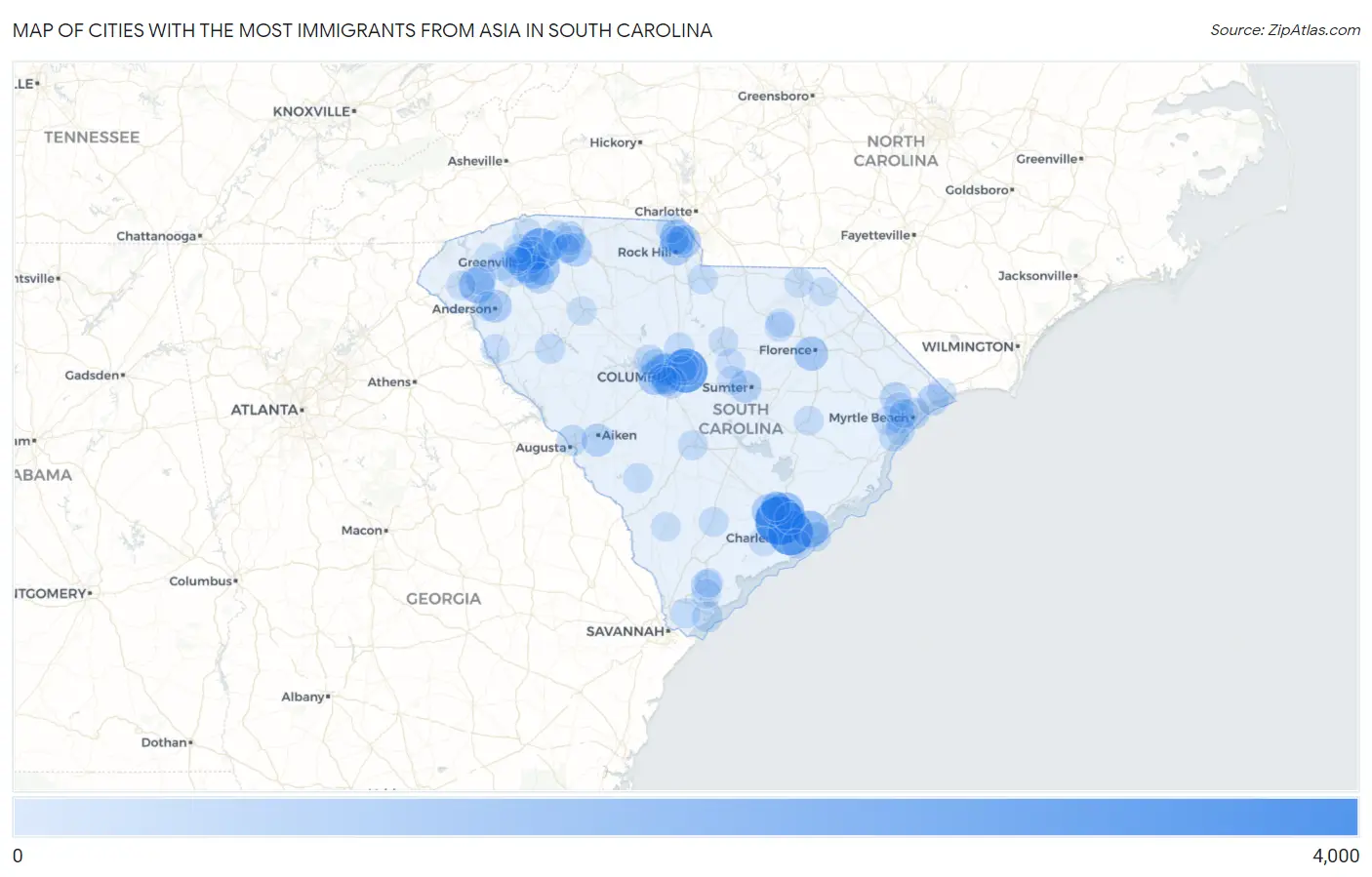 Cities with the Most Immigrants from Asia in South Carolina Map