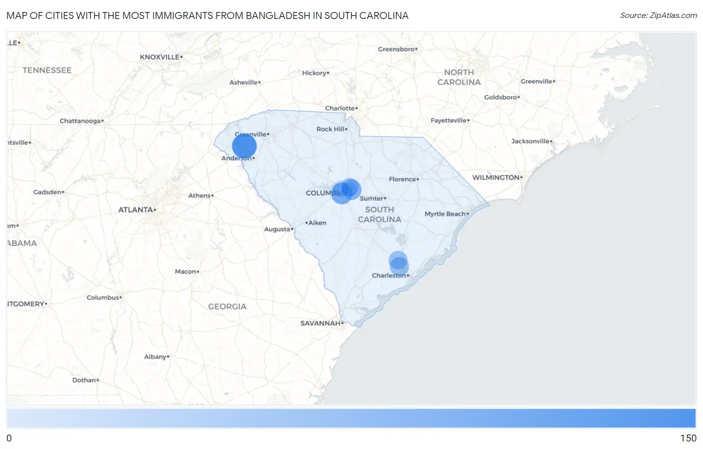 Cities with the Most Immigrants from Bangladesh in South Carolina Map