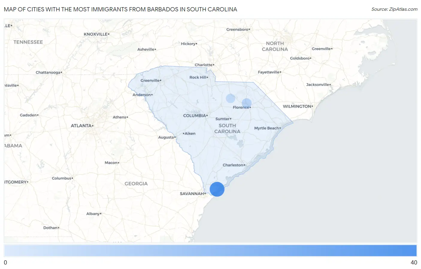 Cities with the Most Immigrants from Barbados in South Carolina Map