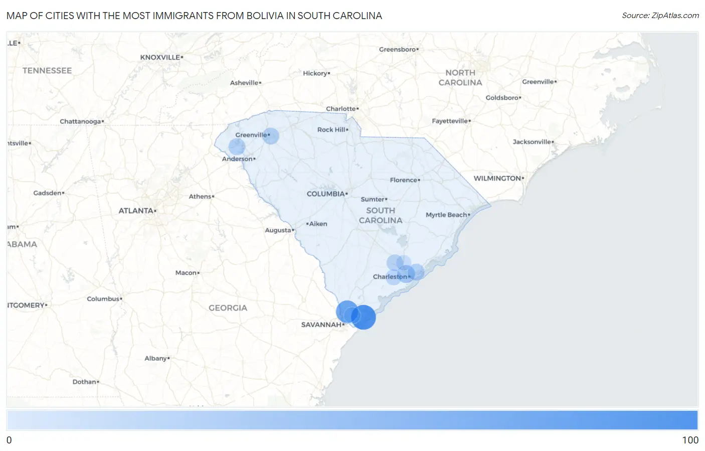 Cities with the Most Immigrants from Bolivia in South Carolina Map