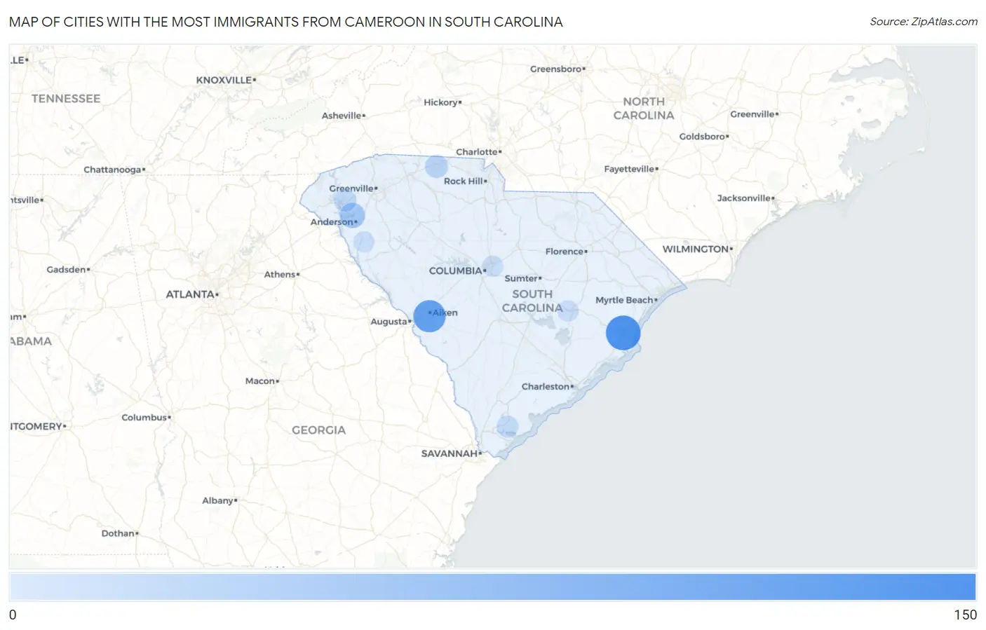 Cities with the Most Immigrants from Cameroon in South Carolina Map
