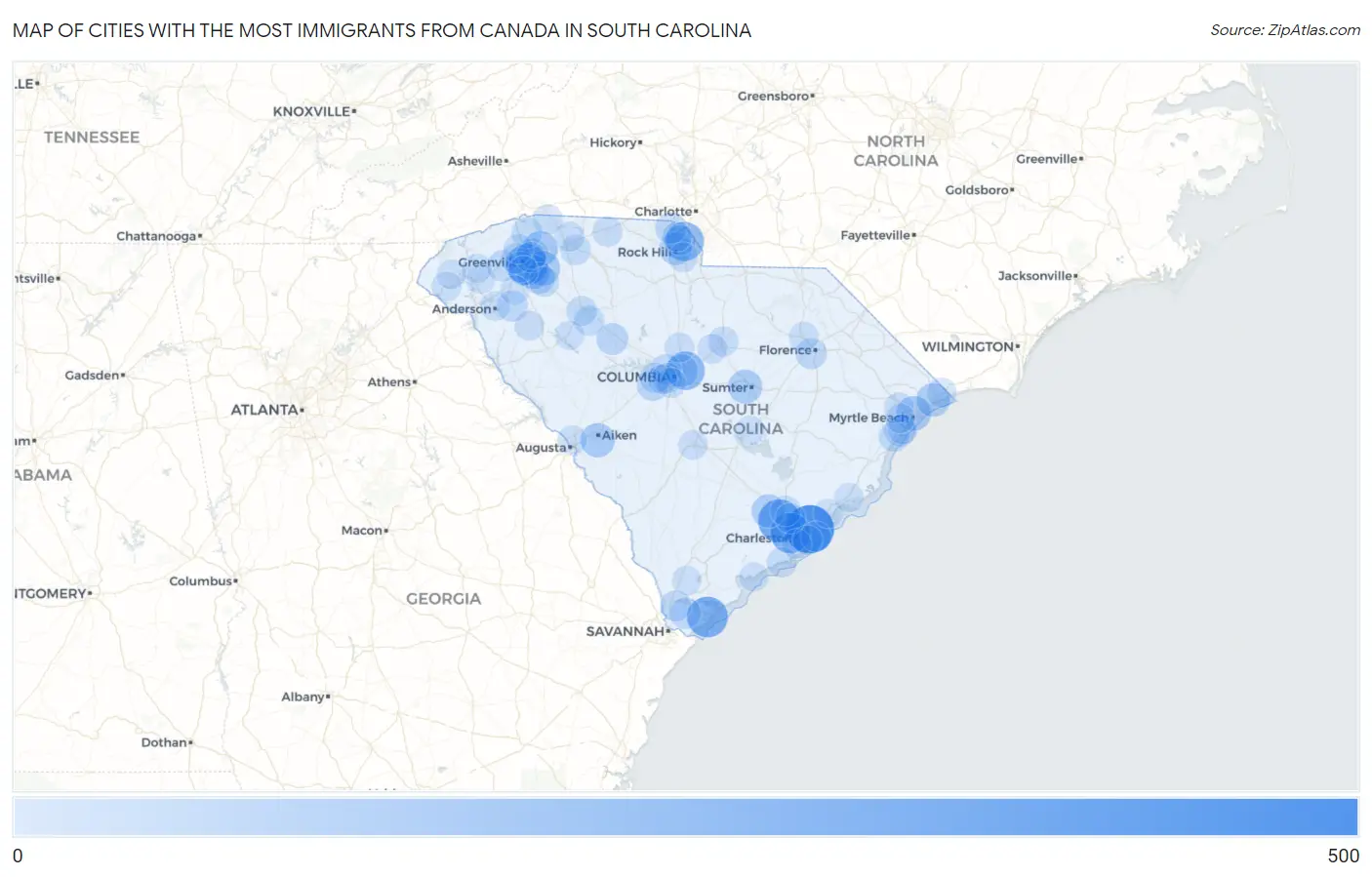 Cities with the Most Immigrants from Canada in South Carolina Map
