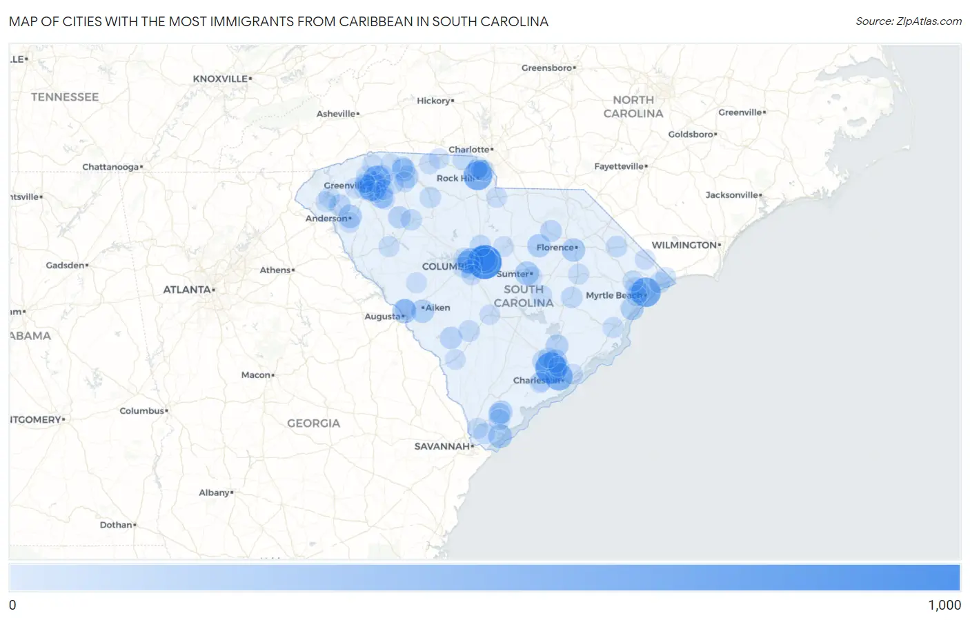 Cities with the Most Immigrants from Caribbean in South Carolina Map