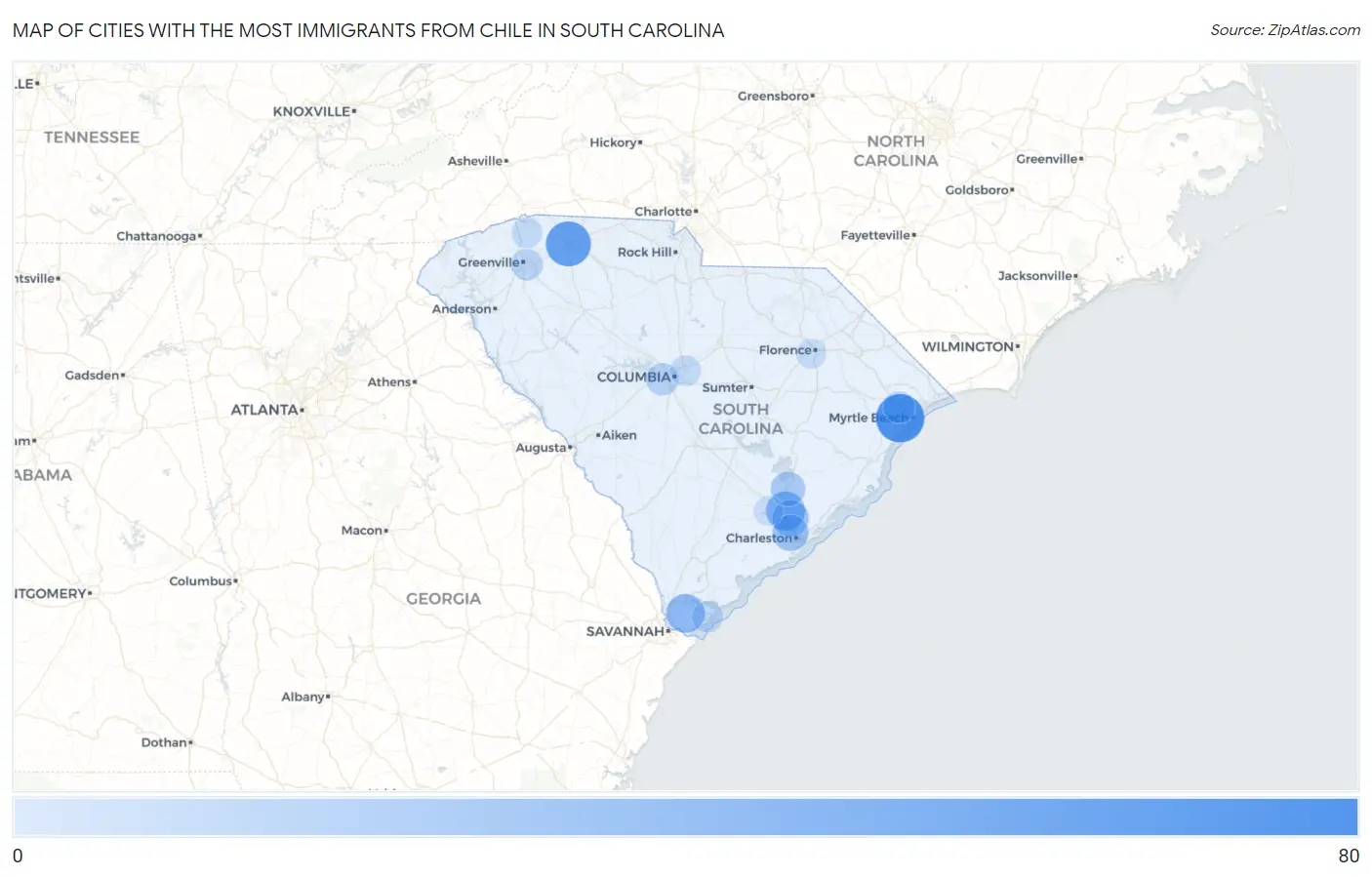 Cities with the Most Immigrants from Chile in South Carolina Map
