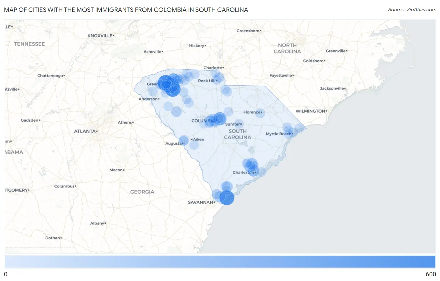 Cities with the Most Immigrants from Colombia in South Carolina Map