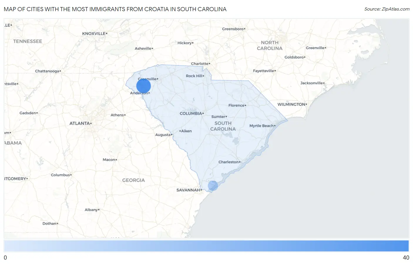 Cities with the Most Immigrants from Croatia in South Carolina Map