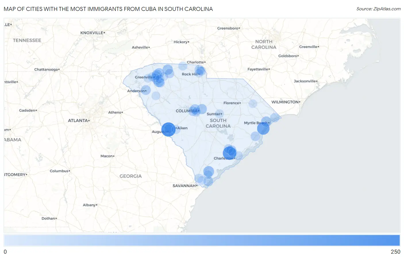 Cities with the Most Immigrants from Cuba in South Carolina Map