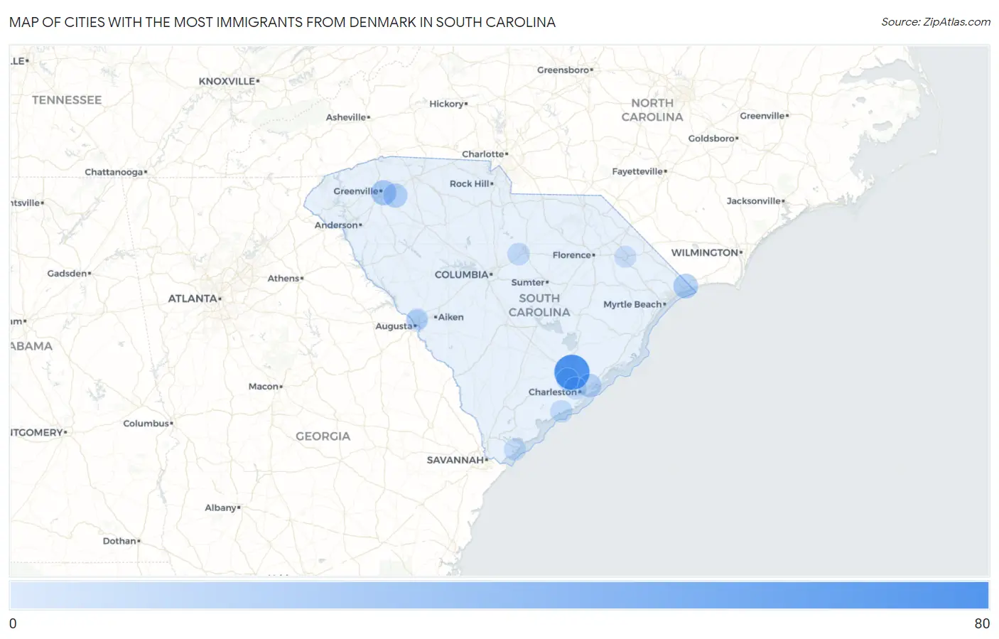 Cities with the Most Immigrants from Denmark in South Carolina Map