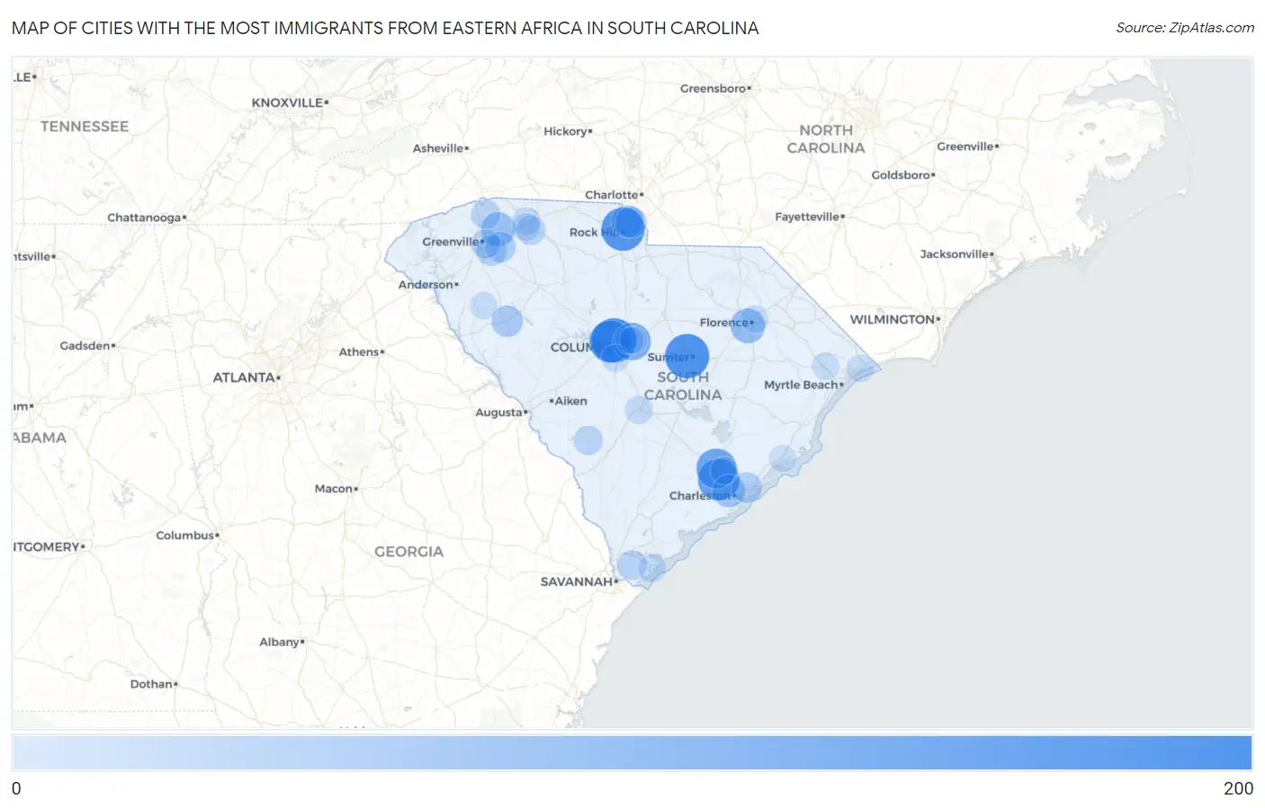 Cities with the Most Immigrants from Eastern Africa in South Carolina Map