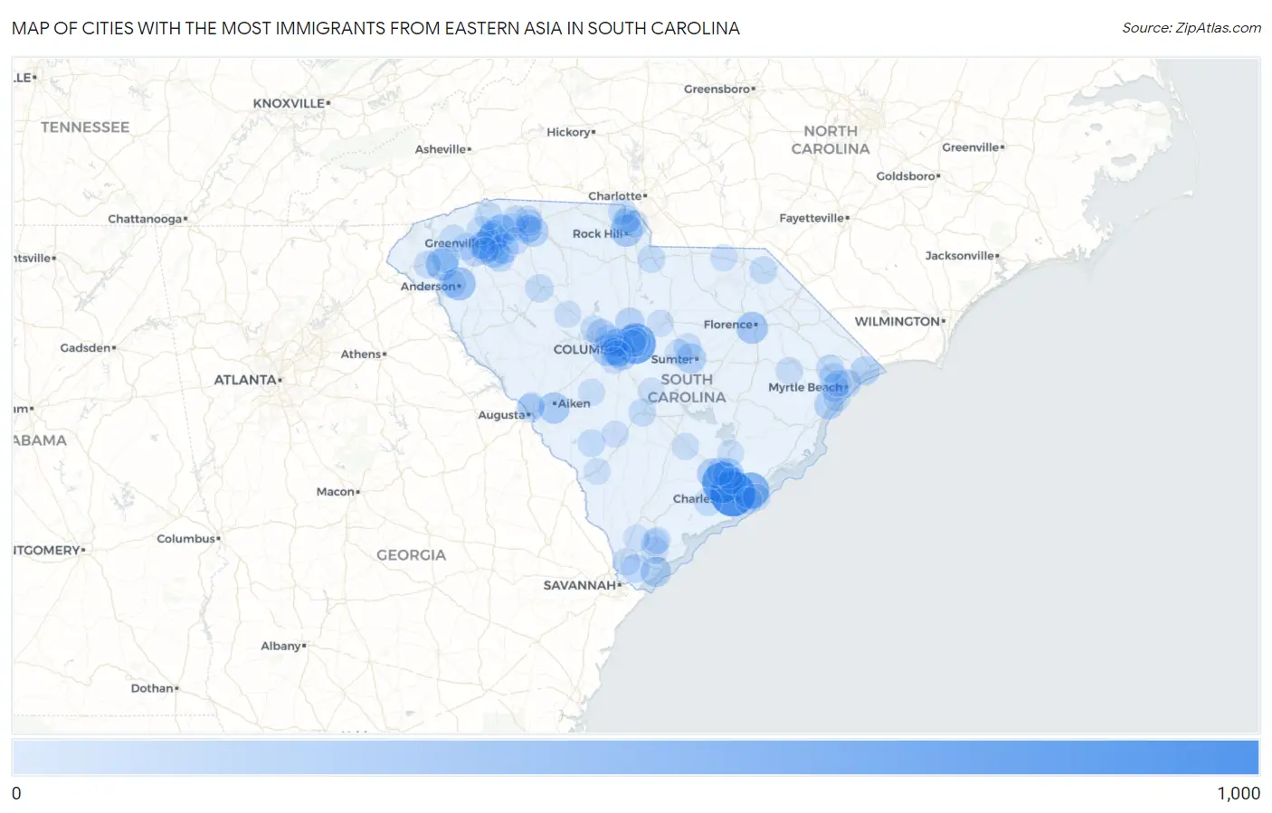 Cities with the Most Immigrants from Eastern Asia in South Carolina Map