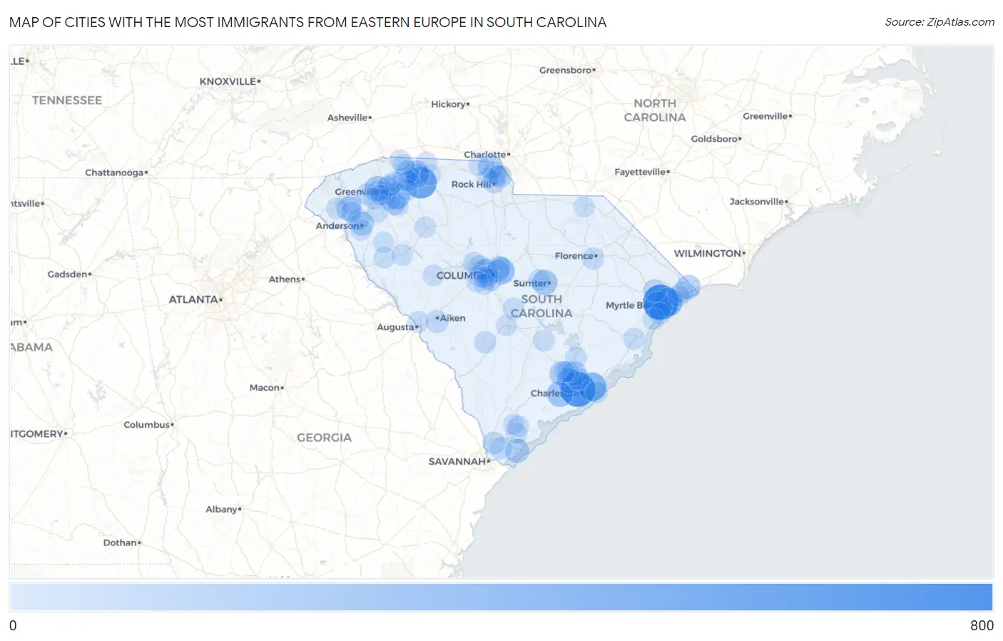 Cities with the Most Immigrants from Eastern Europe in South Carolina Map