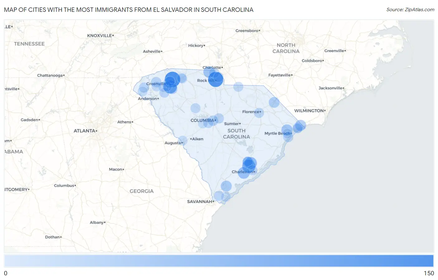 Cities with the Most Immigrants from El Salvador in South Carolina Map