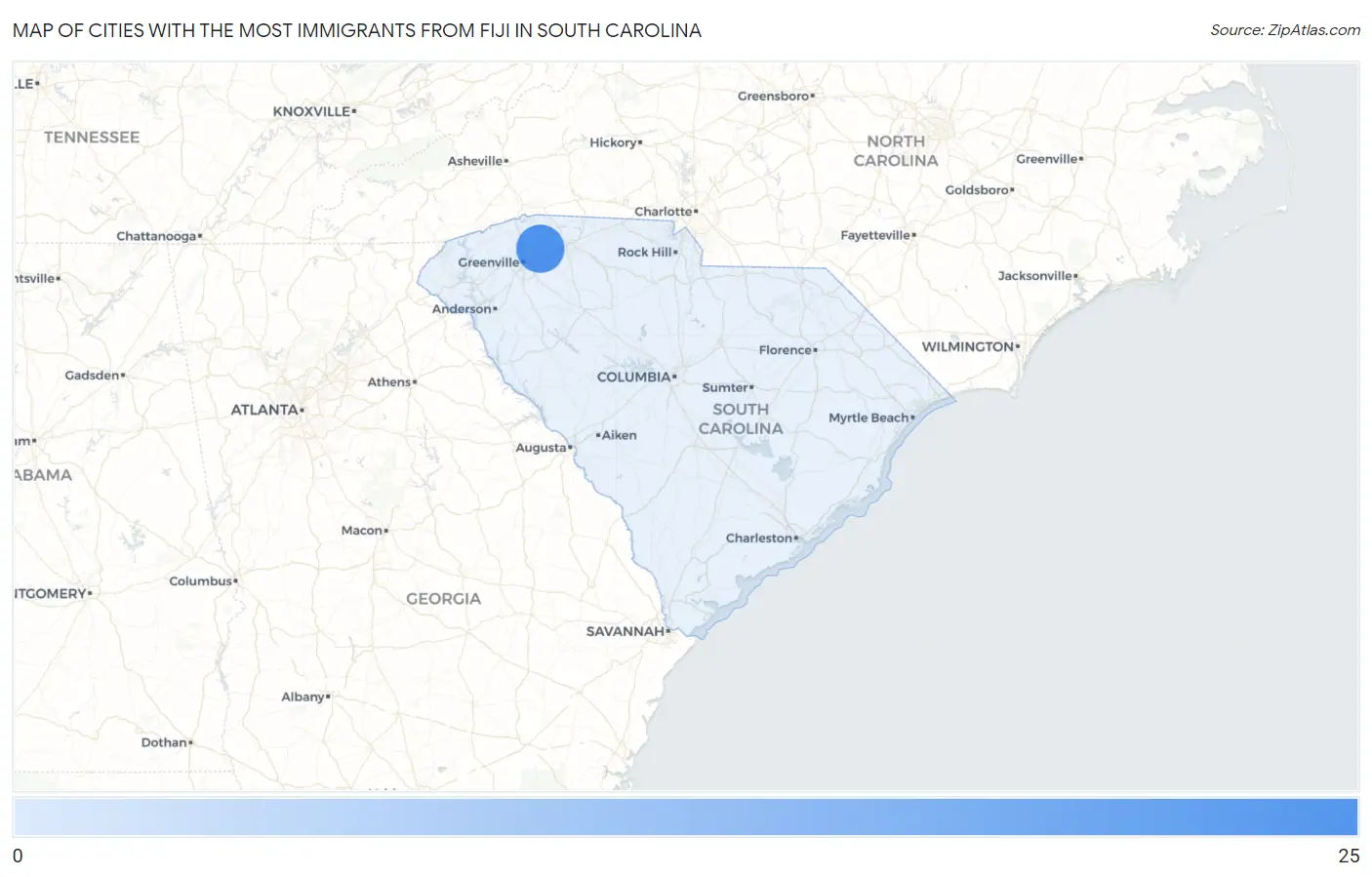 Cities with the Most Immigrants from Fiji in South Carolina Map