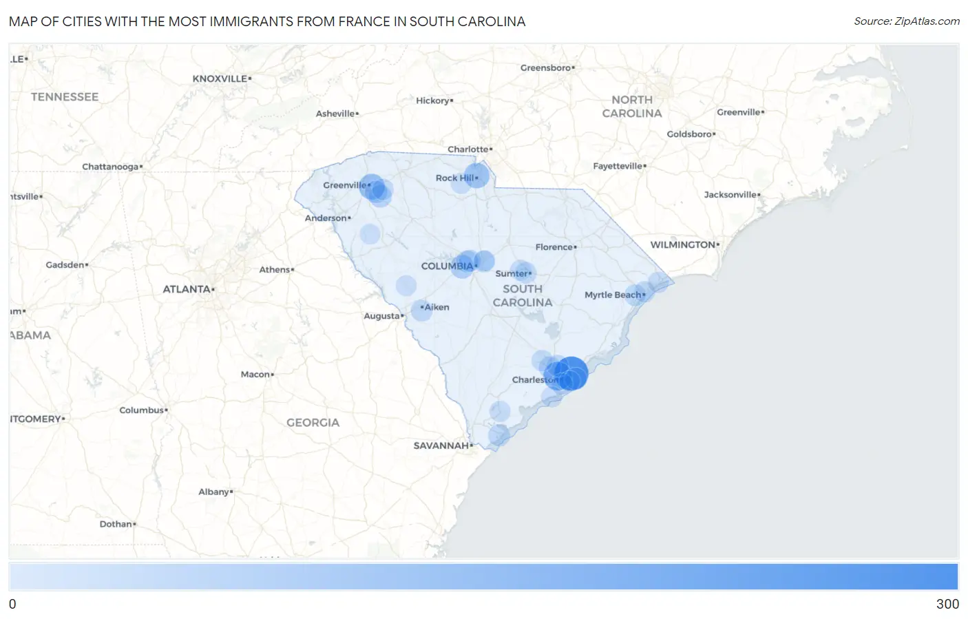 Cities with the Most Immigrants from France in South Carolina Map
