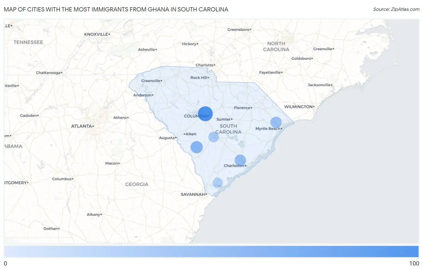 Cities with the Most Immigrants from Ghana in South Carolina Map