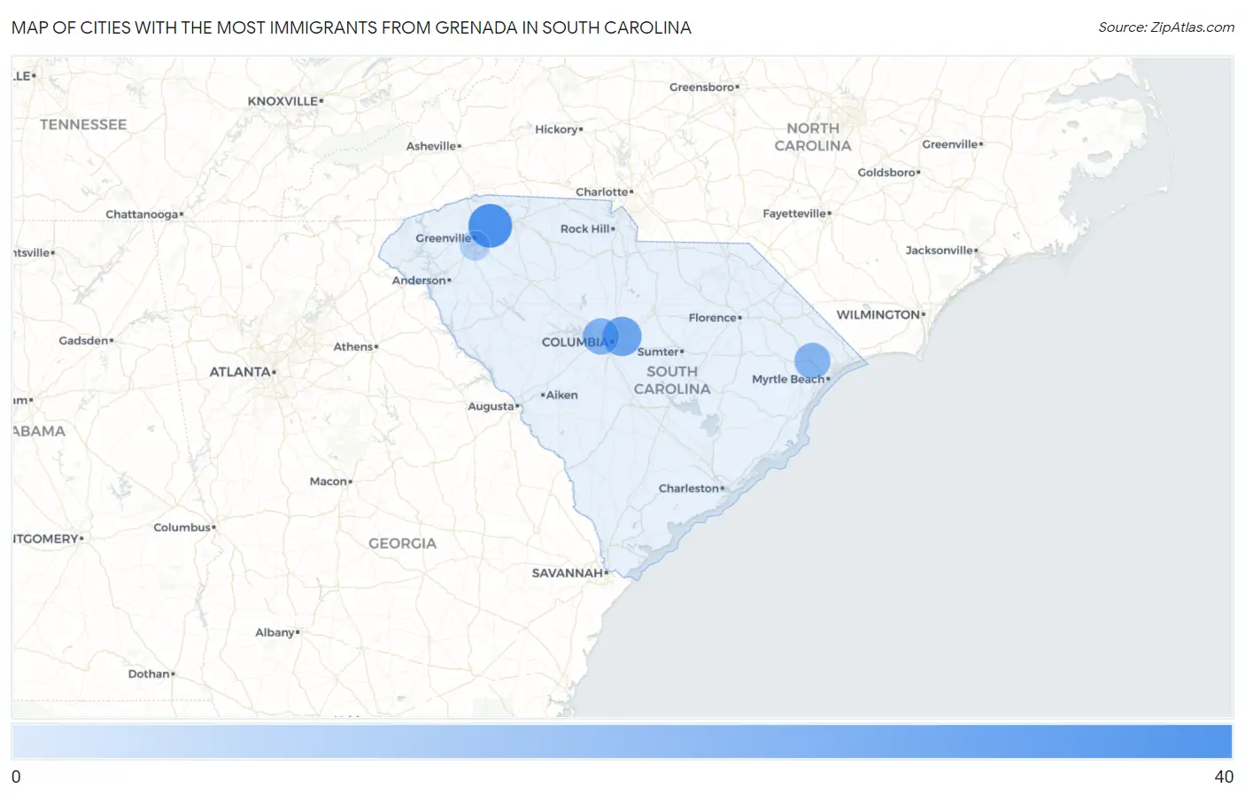 Cities with the Most Immigrants from Grenada in South Carolina Map