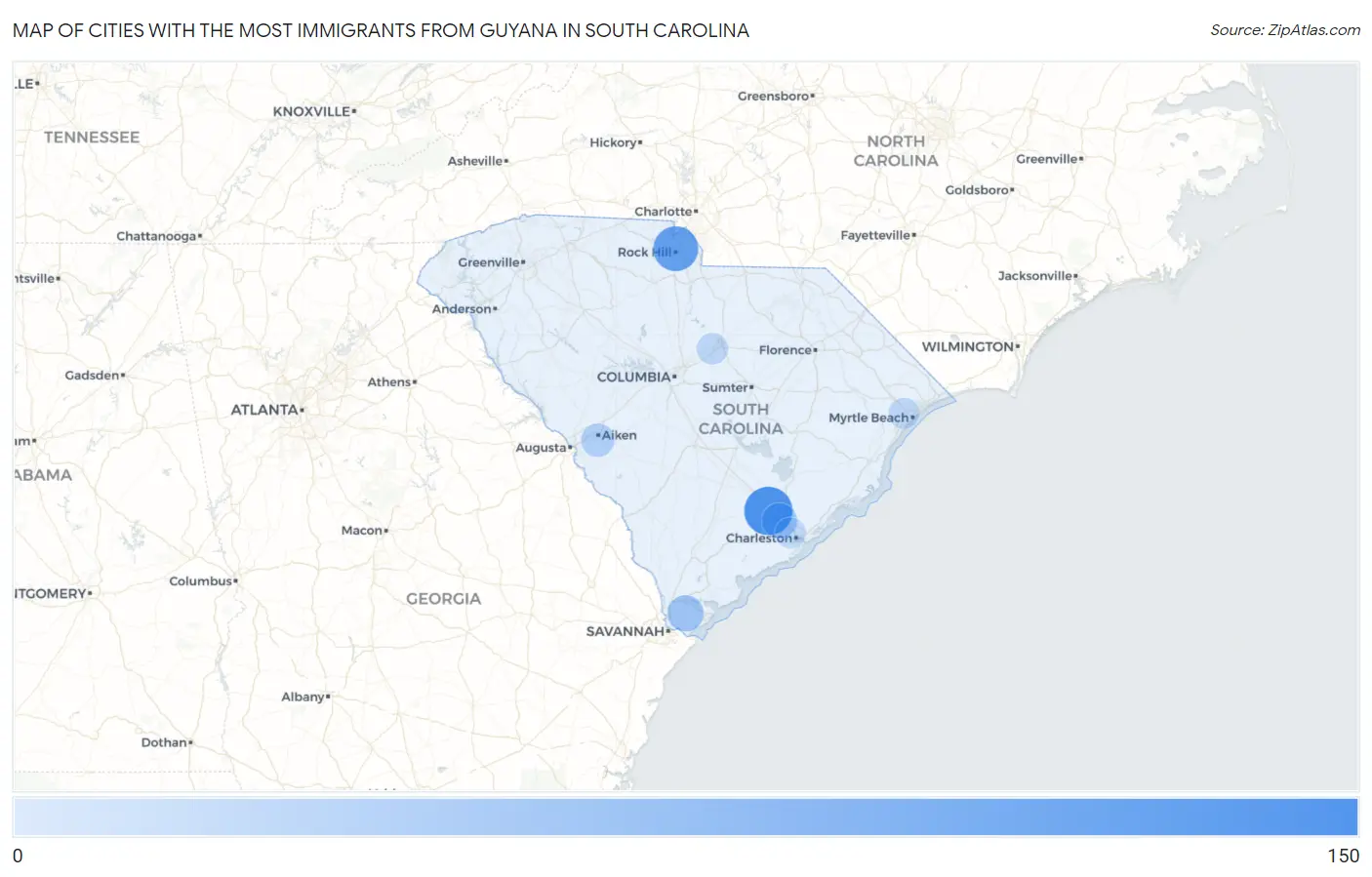 Cities with the Most Immigrants from Guyana in South Carolina Map