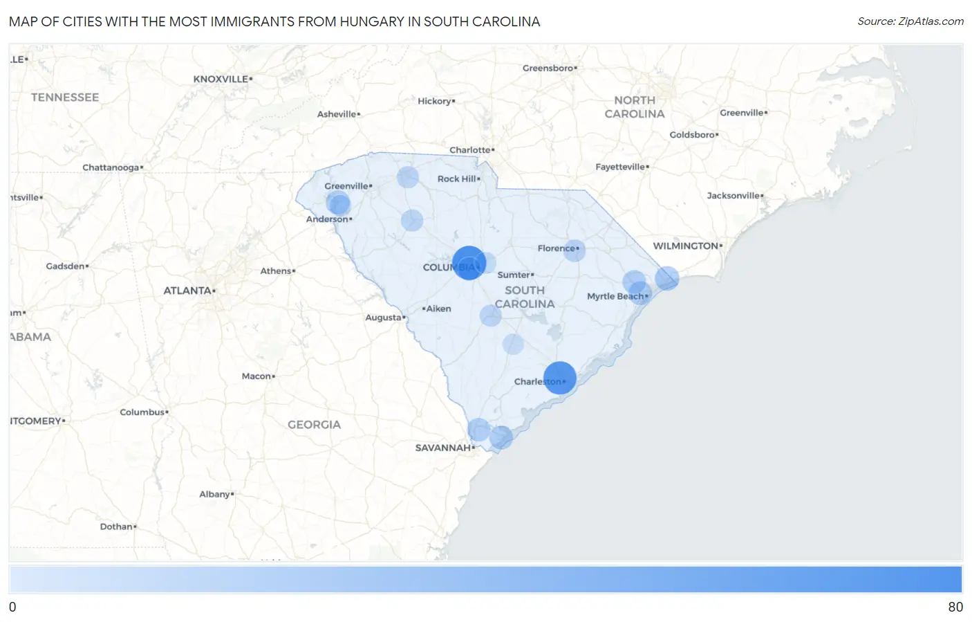 Cities with the Most Immigrants from Hungary in South Carolina Map
