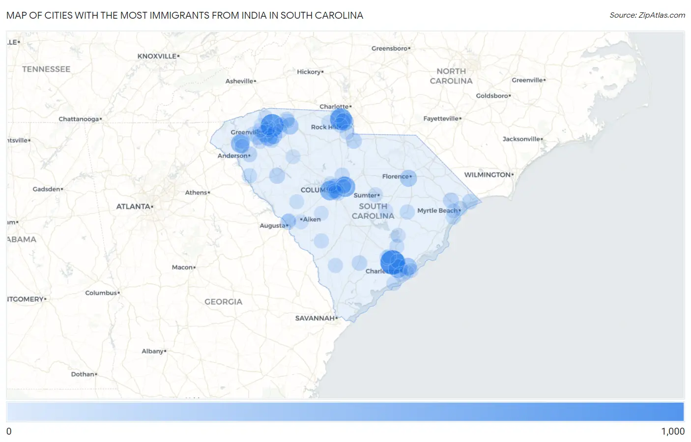 Cities with the Most Immigrants from India in South Carolina Map