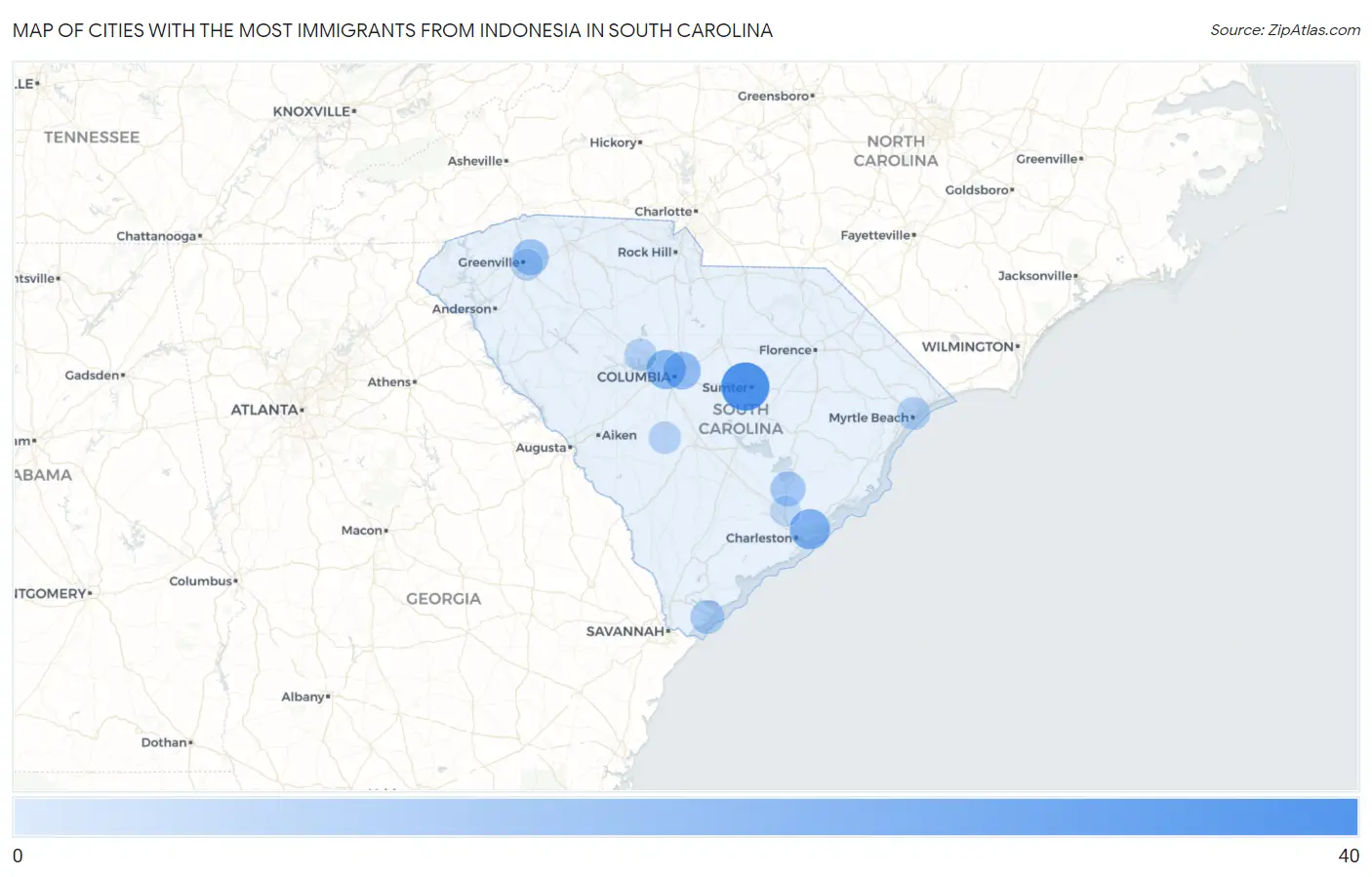 Cities with the Most Immigrants from Indonesia in South Carolina Map