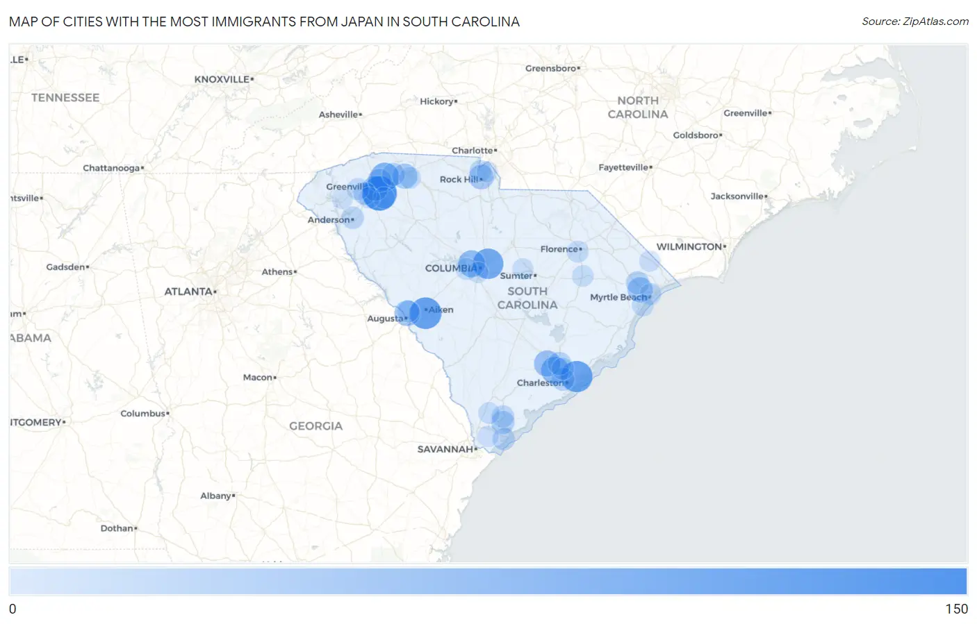 Cities with the Most Immigrants from Japan in South Carolina Map