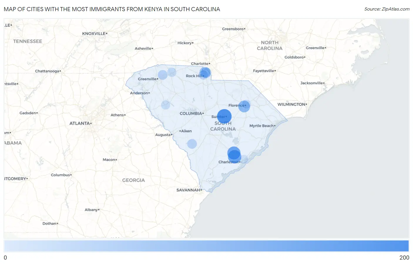 Cities with the Most Immigrants from Kenya in South Carolina Map
