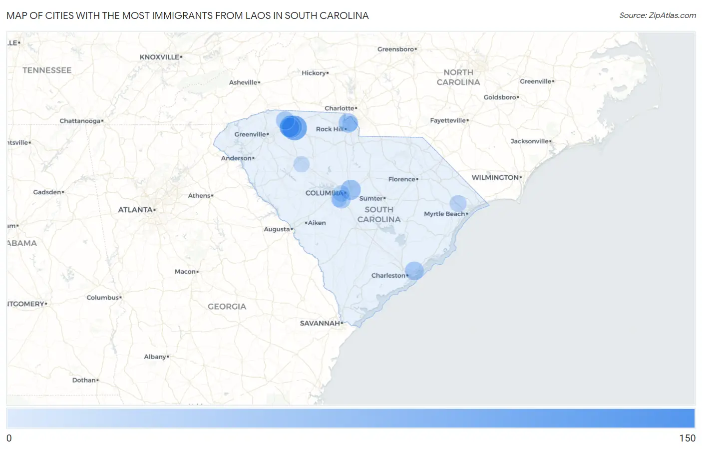 Cities with the Most Immigrants from Laos in South Carolina Map