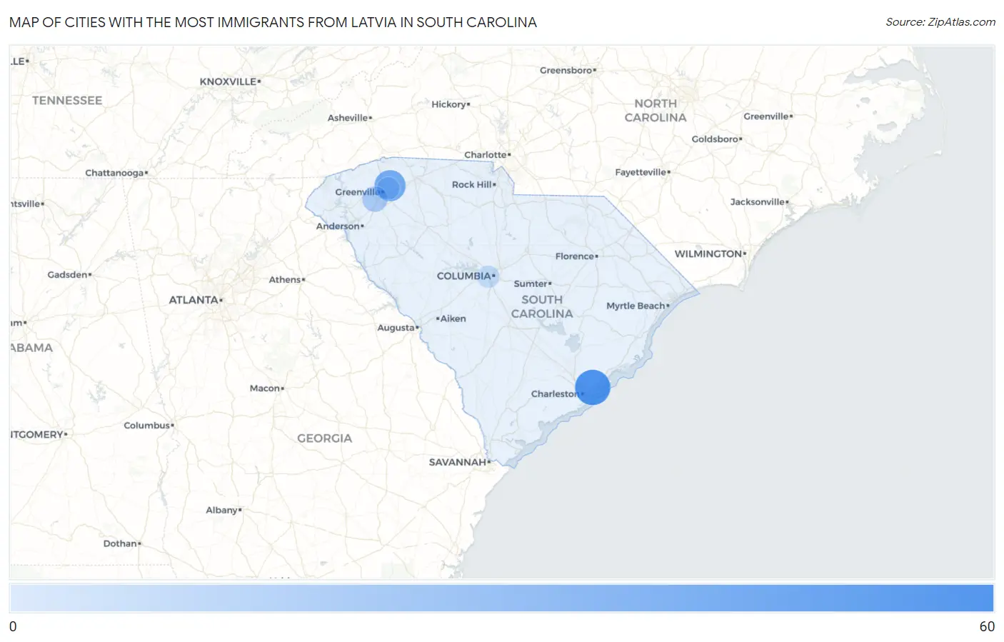 Cities with the Most Immigrants from Latvia in South Carolina Map