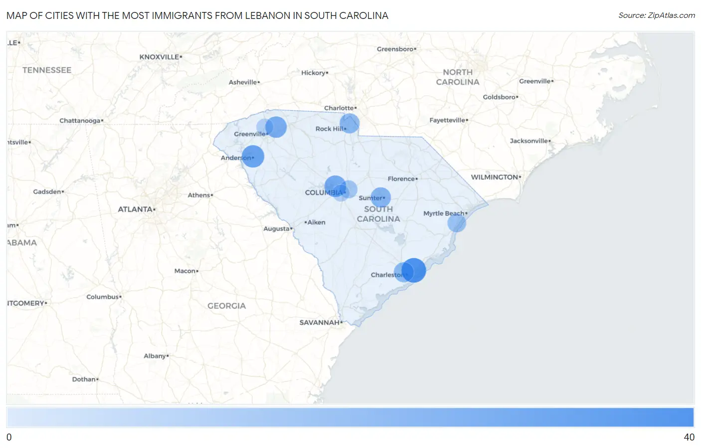 Cities with the Most Immigrants from Lebanon in South Carolina Map