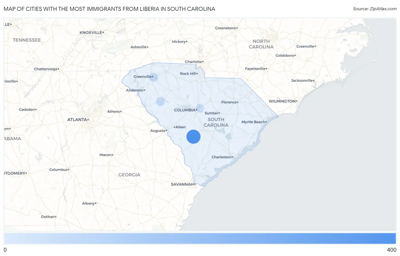 Cities with the Most Immigrants from Liberia in South Carolina Map
