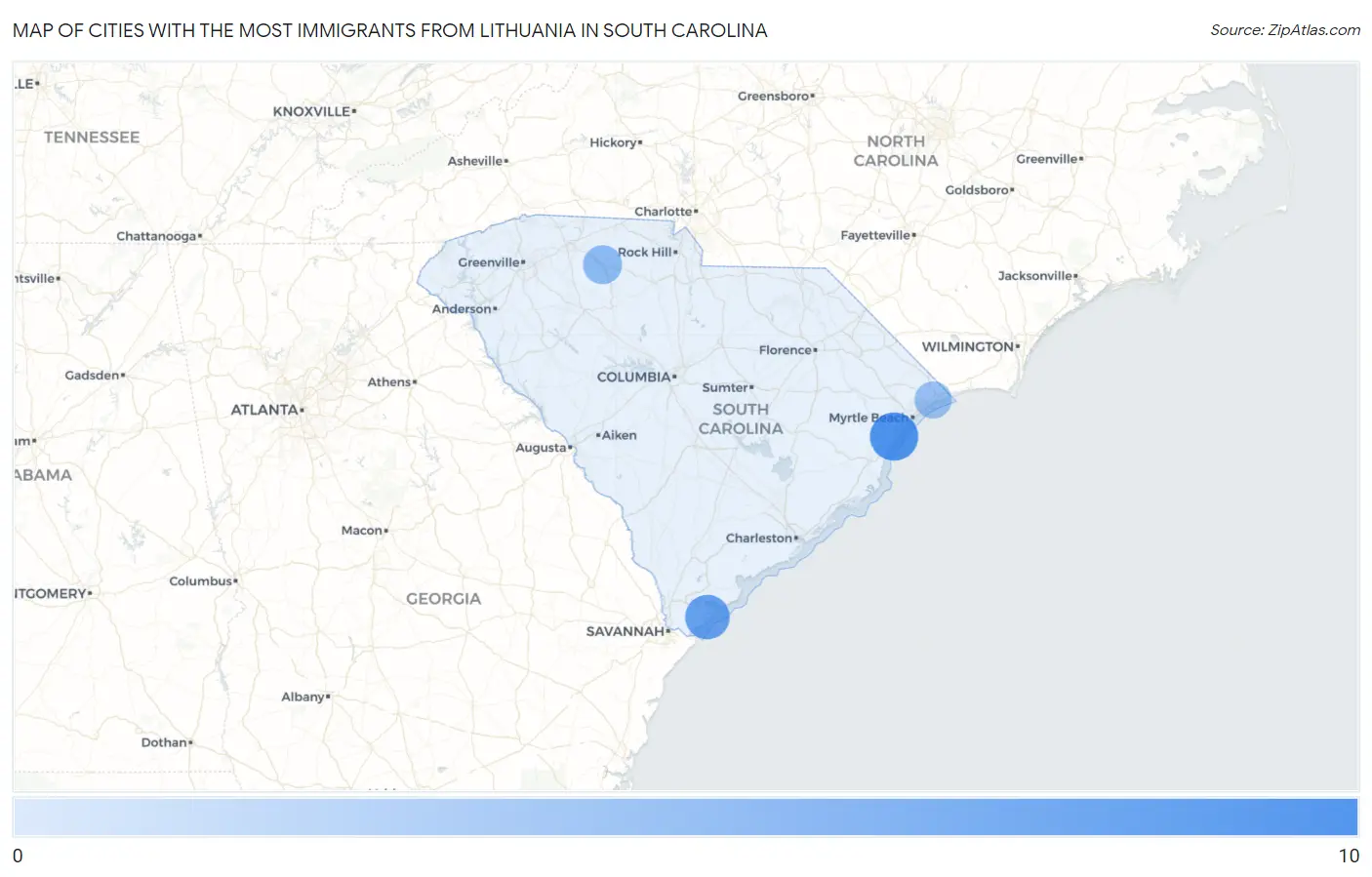 Cities with the Most Immigrants from Lithuania in South Carolina Map