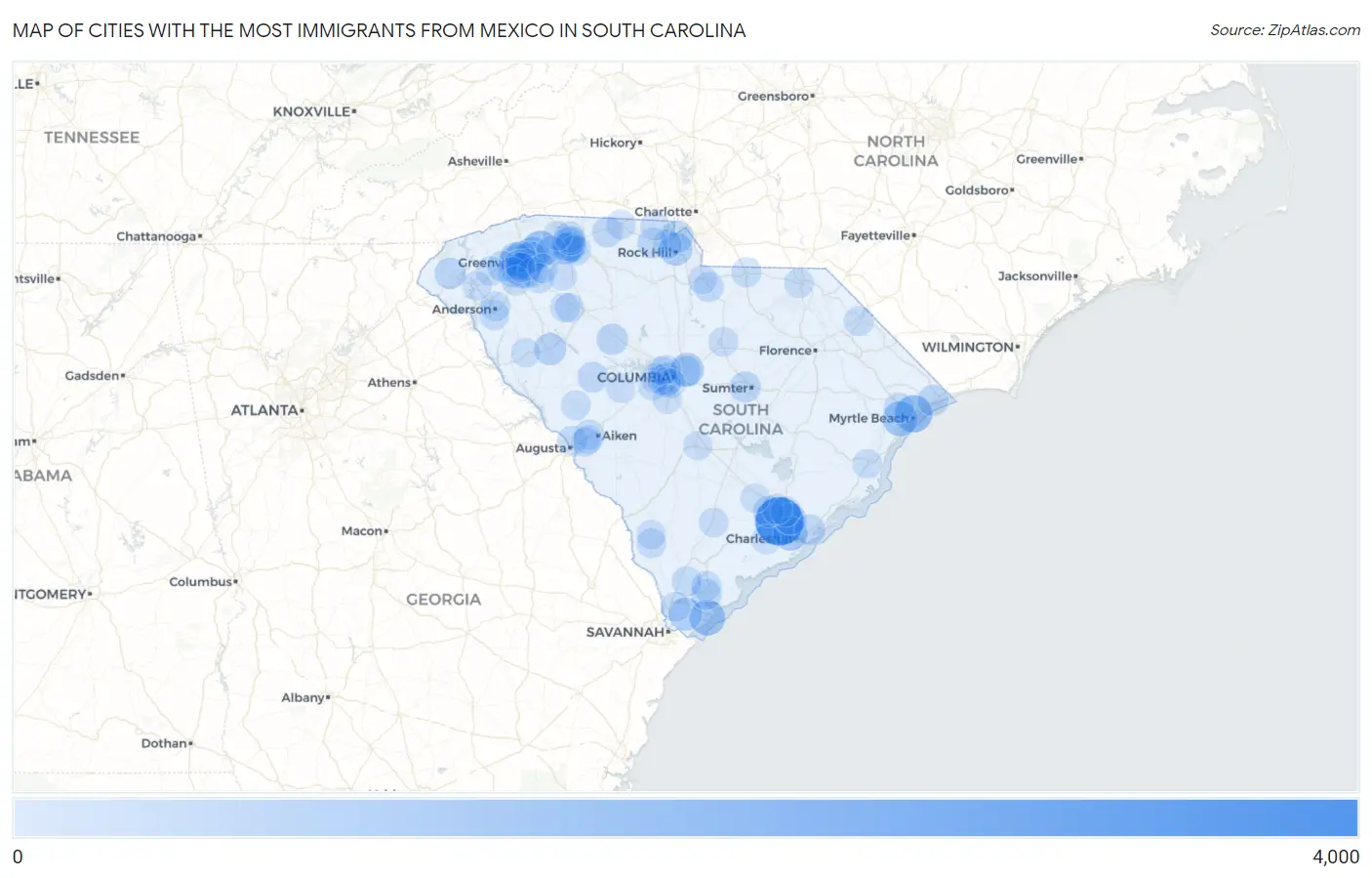 Cities with the Most Immigrants from Mexico in South Carolina Map