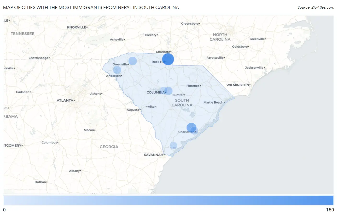 Cities with the Most Immigrants from Nepal in South Carolina Map
