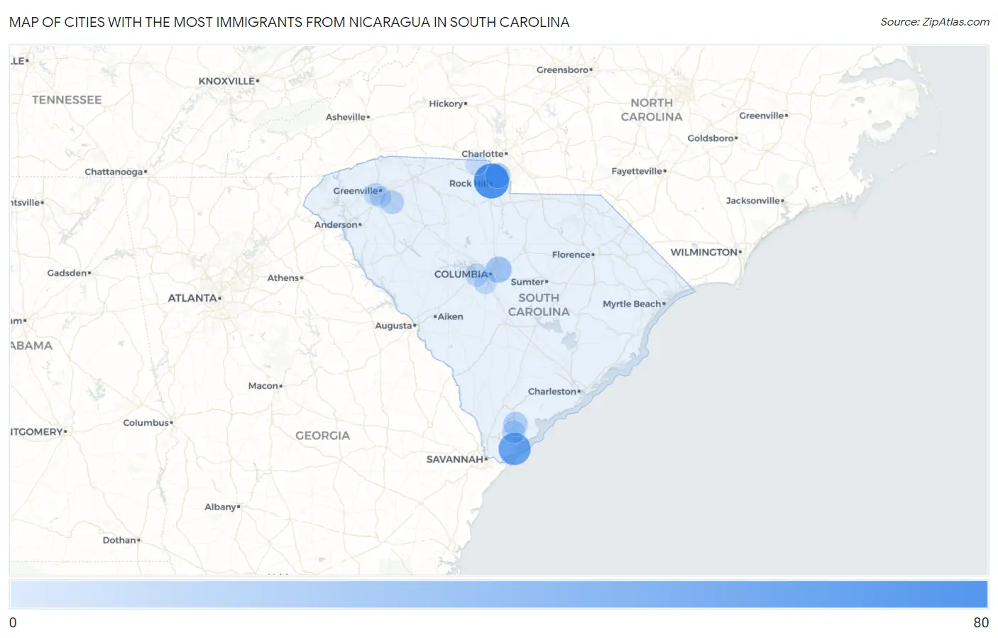 Cities with the Most Immigrants from Nicaragua in South Carolina Map