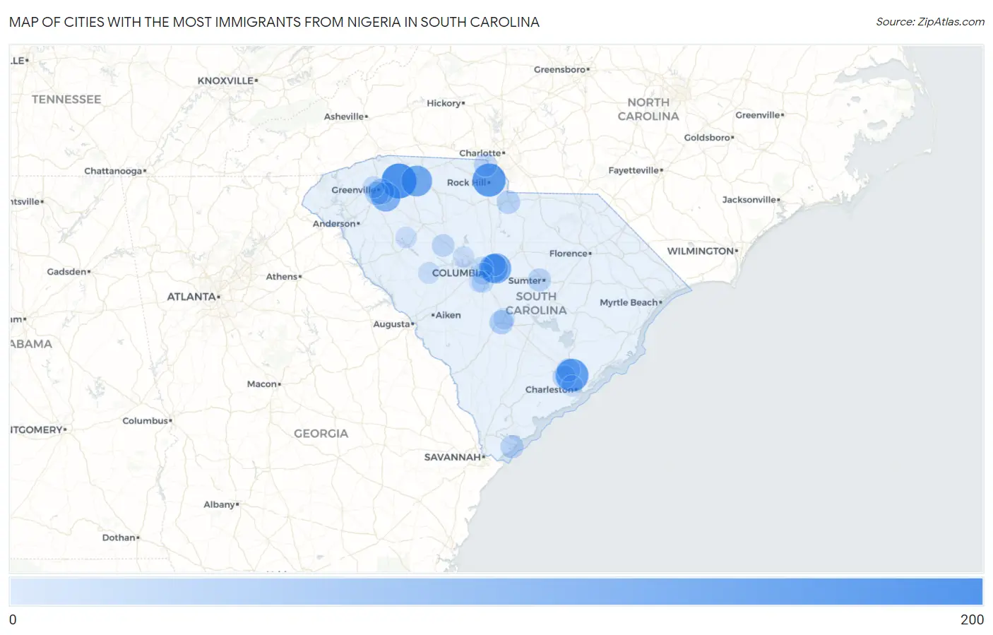 Cities with the Most Immigrants from Nigeria in South Carolina Map