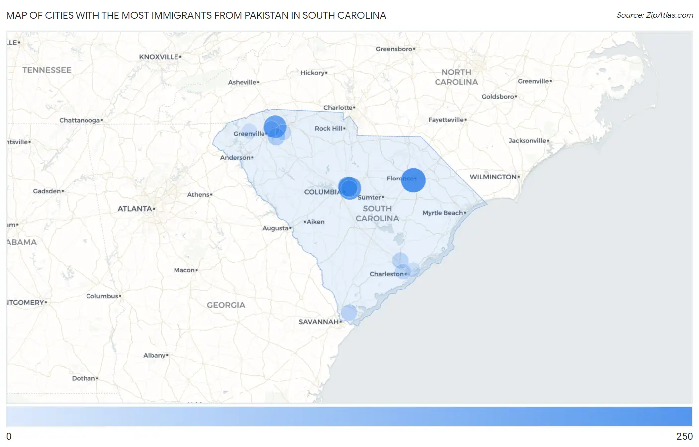 Cities with the Most Immigrants from Pakistan in South Carolina Map