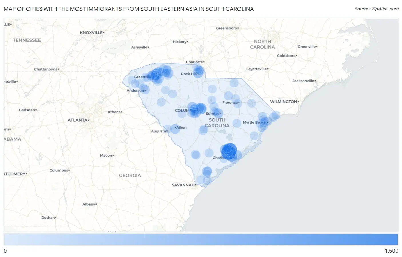 Cities with the Most Immigrants from South Eastern Asia in South Carolina Map