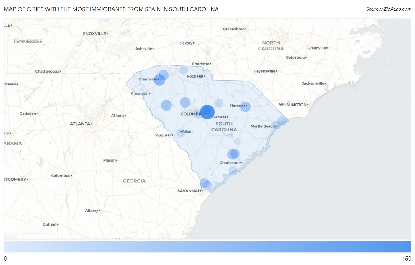 Cities with the Most Immigrants from Spain in South Carolina Map