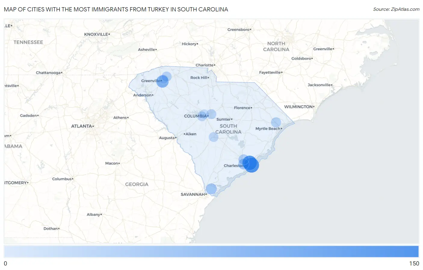 Cities with the Most Immigrants from Turkey in South Carolina Map