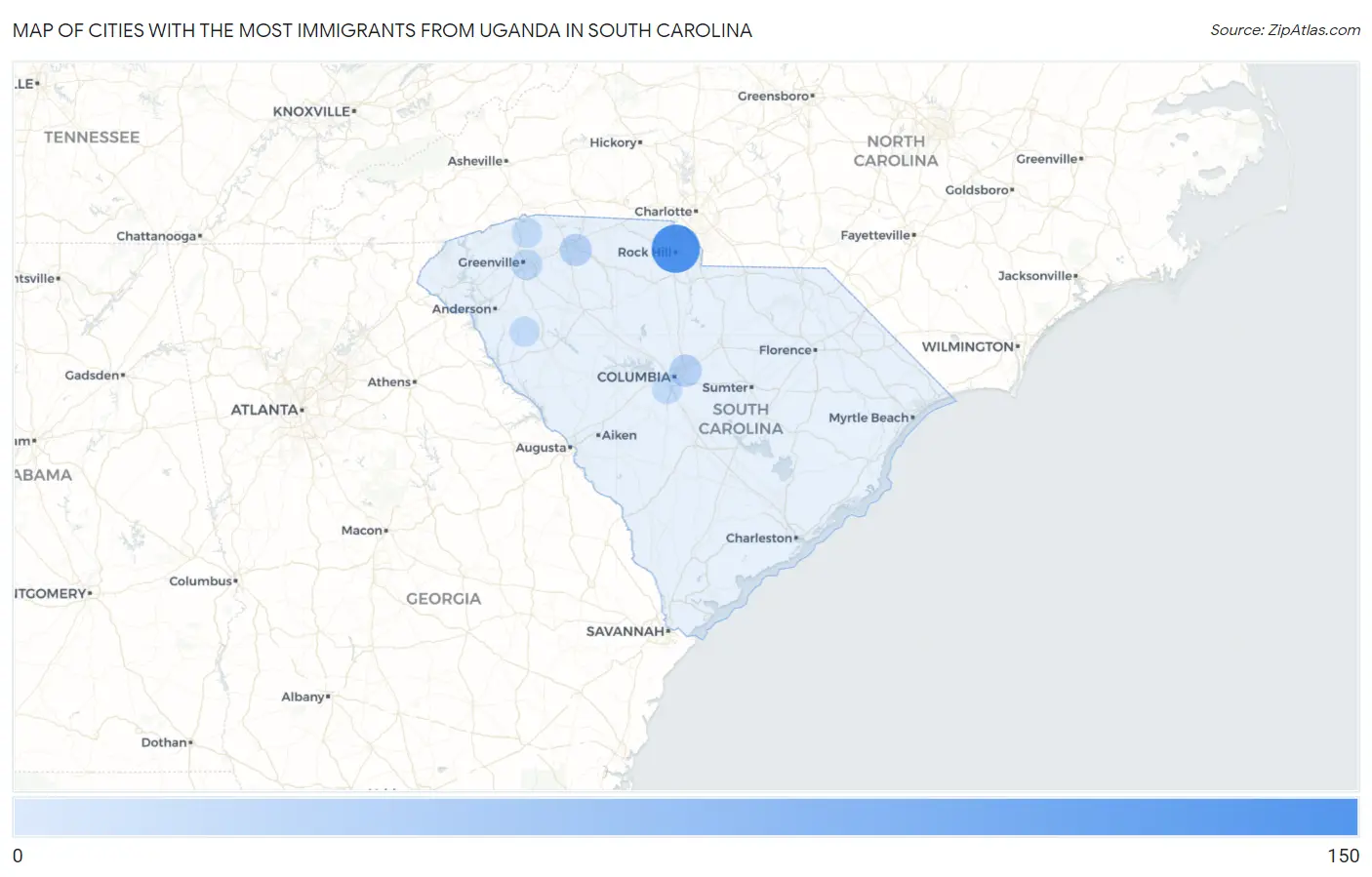 Cities with the Most Immigrants from Uganda in South Carolina Map
