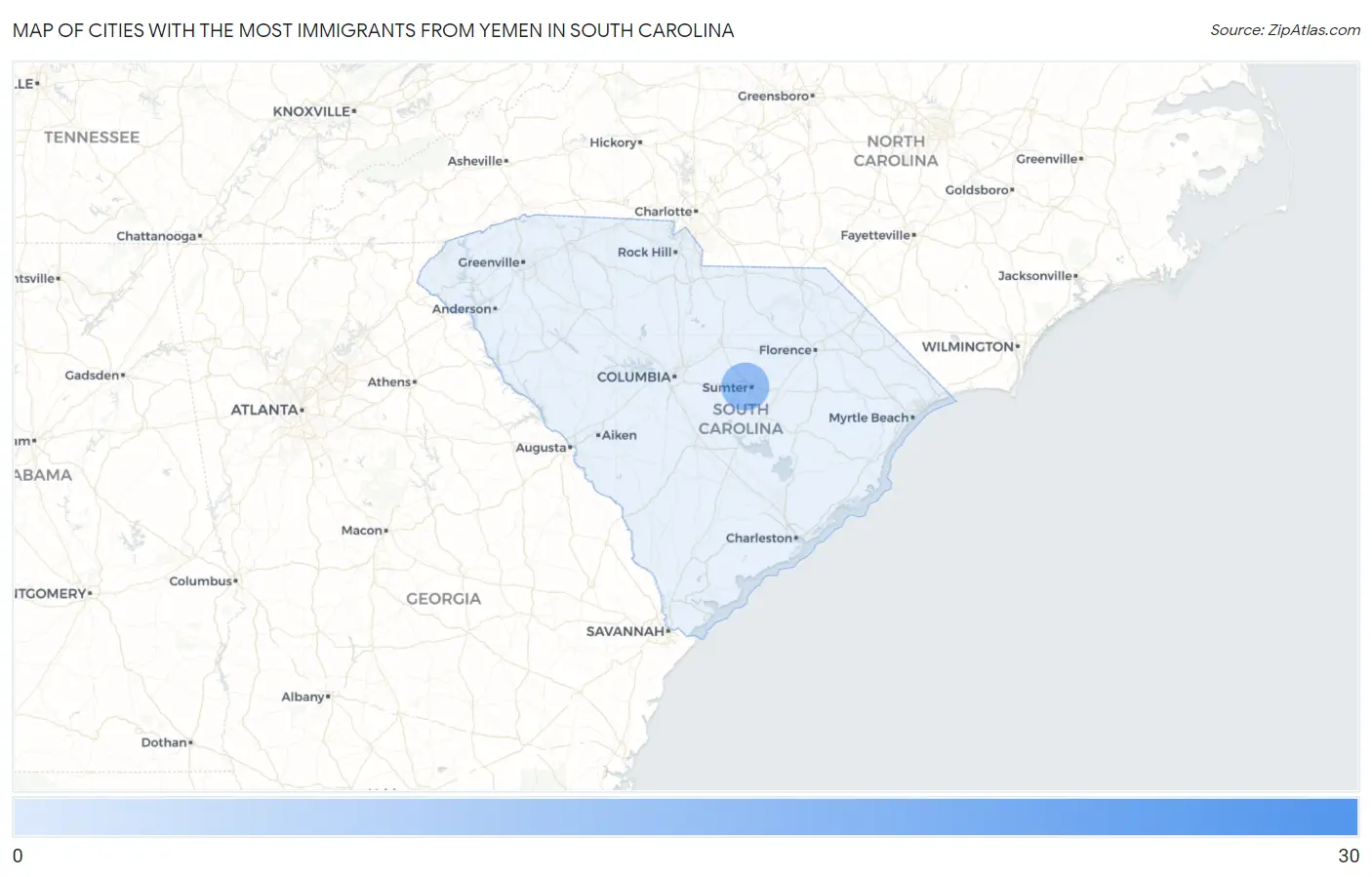 Cities with the Most Immigrants from Yemen in South Carolina Map
