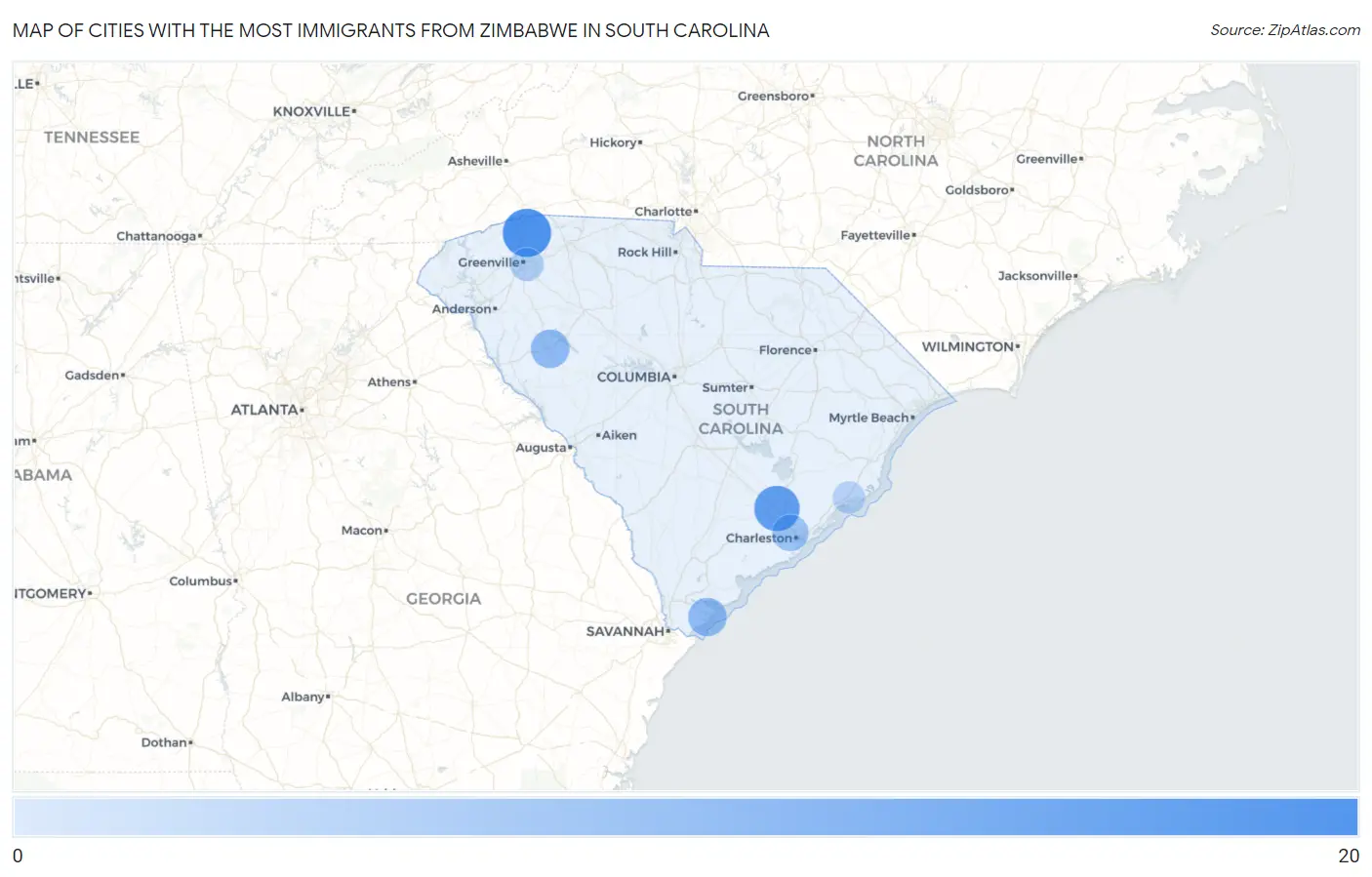 Cities with the Most Immigrants from Zimbabwe in South Carolina Map