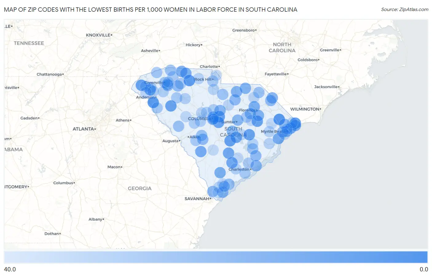 Zip Codes with the Lowest Births per 1,000 Women in Labor Force in South Carolina Map