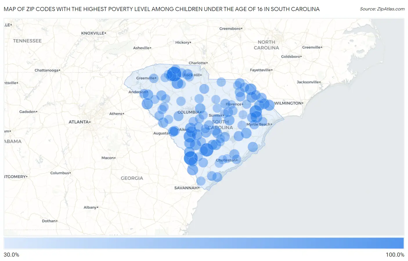 Zip Codes with the Highest Poverty Level Among Children Under the Age of 16 in South Carolina Map